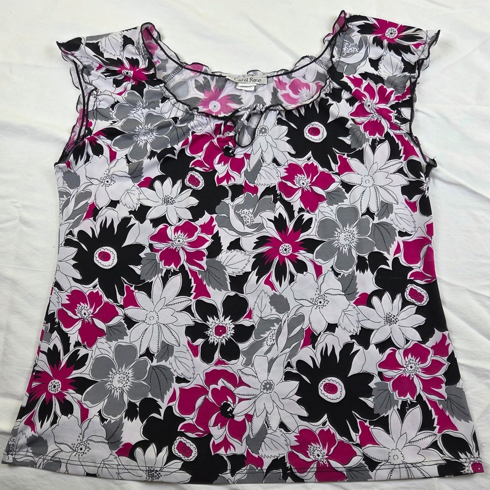 Carol Rose Sleeveless Top Pink Black White Floral Ruffle Edge Keyhole Neck XL